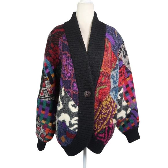 Vintage 90s Tony Lambert Abstract Patchwork Wool Blend Cardigan Sweater M - Picture 1 of 6